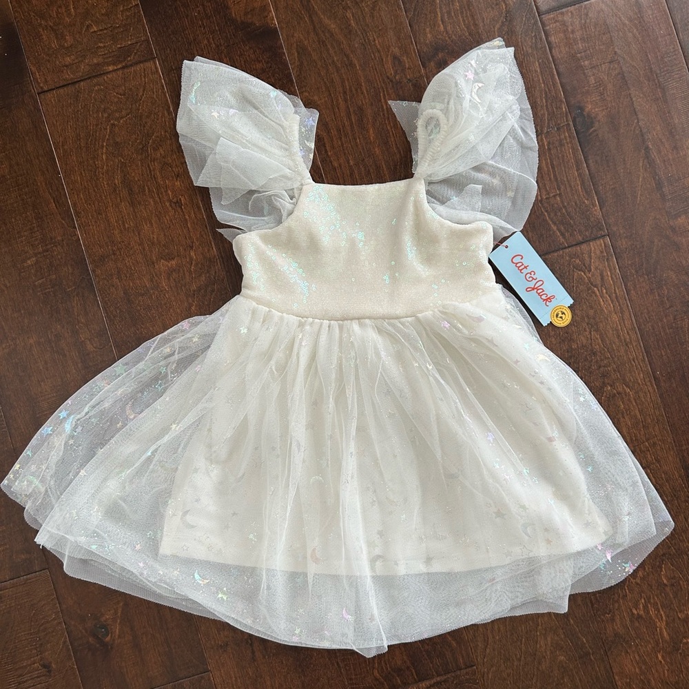 Toddler Girls Sequin Tank Tulle Flutter Sleeve Dress Cat & Jack Cream 3T